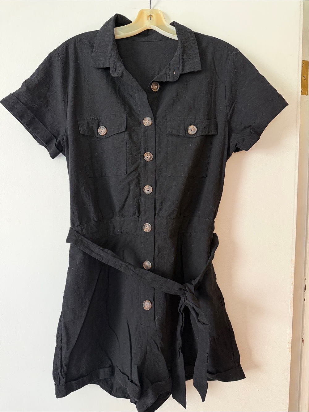 Black Short-Sleeve Button-Front Shirt Shorts outfit with Tie Waist